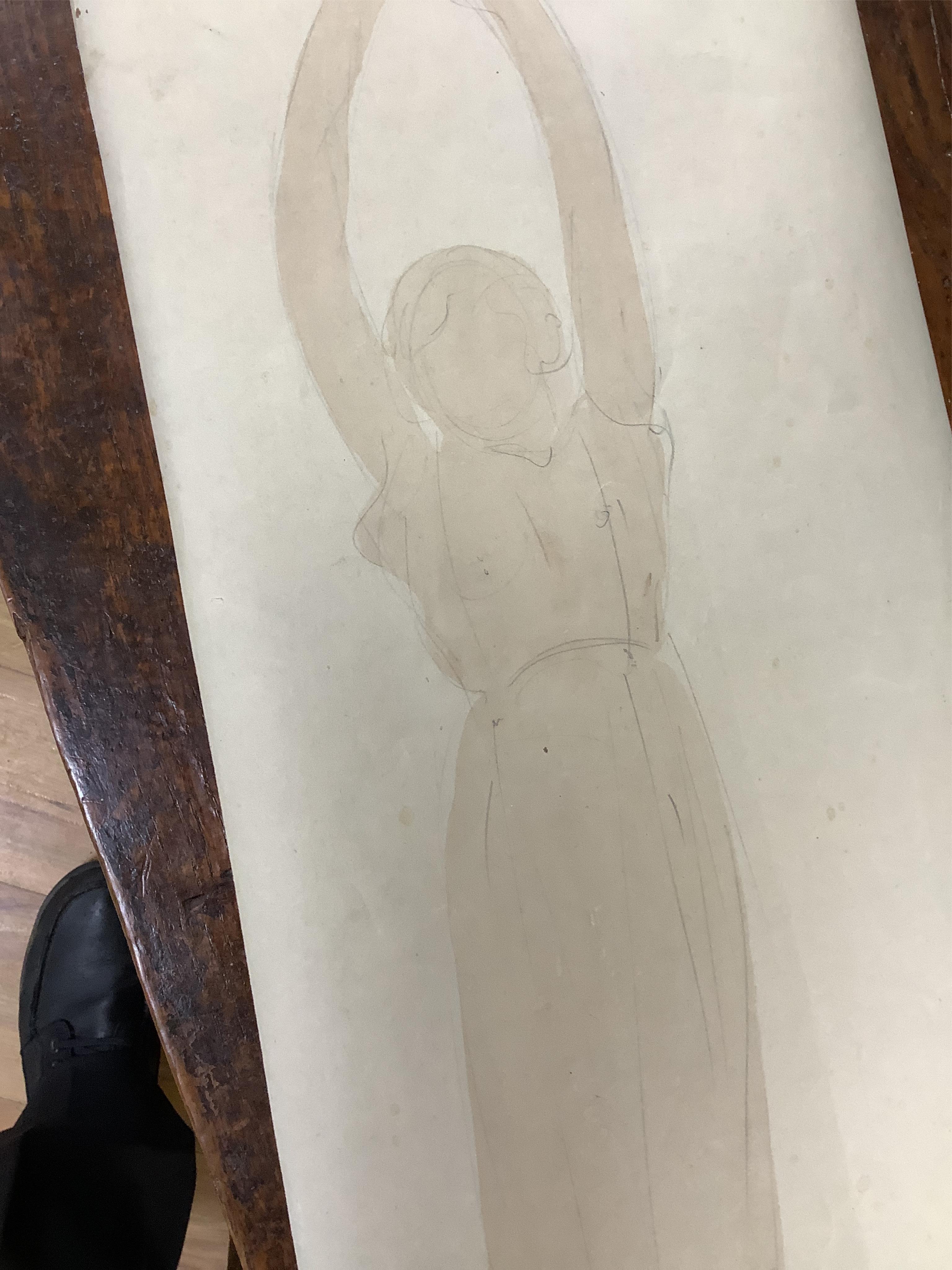 A pencil and wash on paper, Full length study of a Grecian robed woman, indistinctly signed lower right, 42 x 23cm, unframed. Condition - fair, some spots of foxing